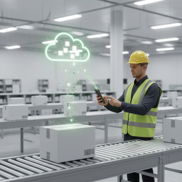 Business professional using MultiCode Scanner to scan product barcodes in a warehouse or retail environment