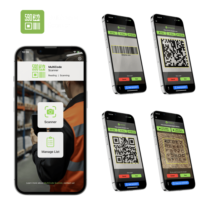 MultiCode Scanner app showing QR code scanning interface on a modern smartphone