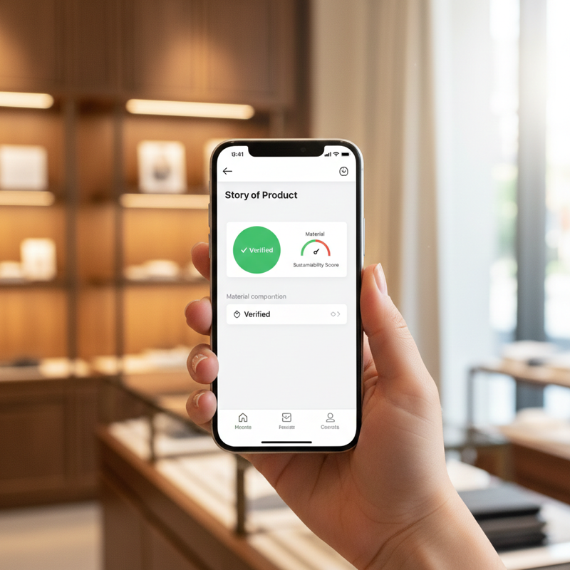 Customer using a smartphone to scan a product QR code and access the Story of Product digital passport