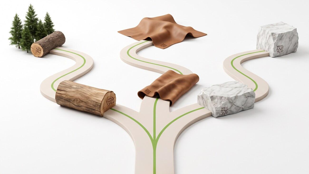 One branching path splitting into timber, leather and stone, each material carrying its own Dcode identity mark