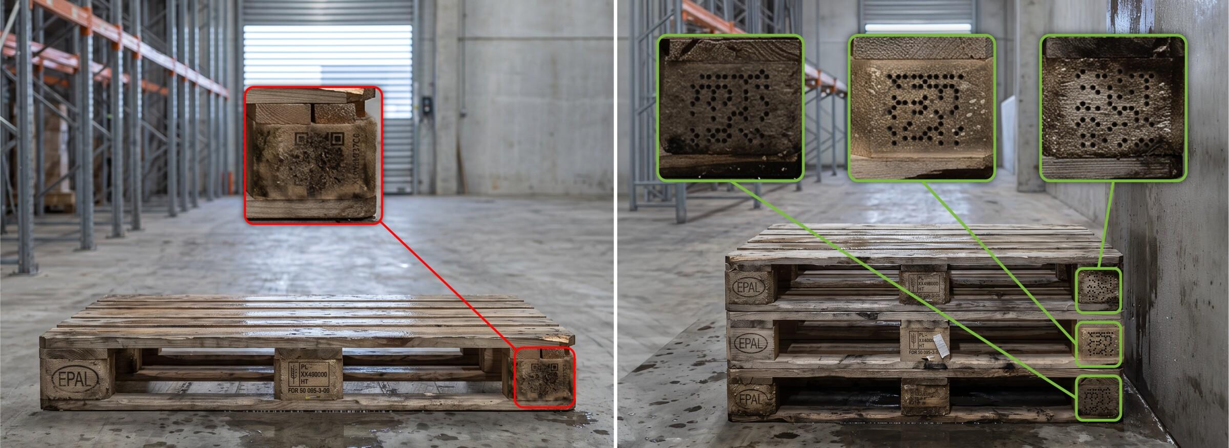 Comparison of a worn pallet with an unreadable QR label and a pallet with permanently marked, readable Dcode identities