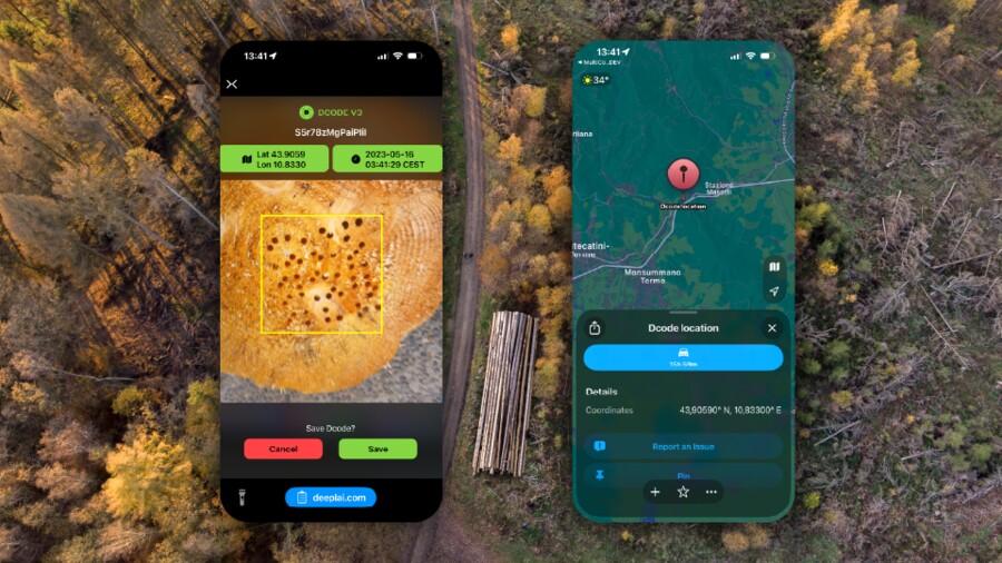 Mobile phone verifying a material identity in the forest, showing confirmed traceability data.