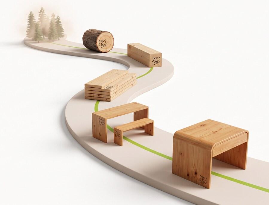 Verified identity following the material through forest, sawmill, production and warehouse stages
