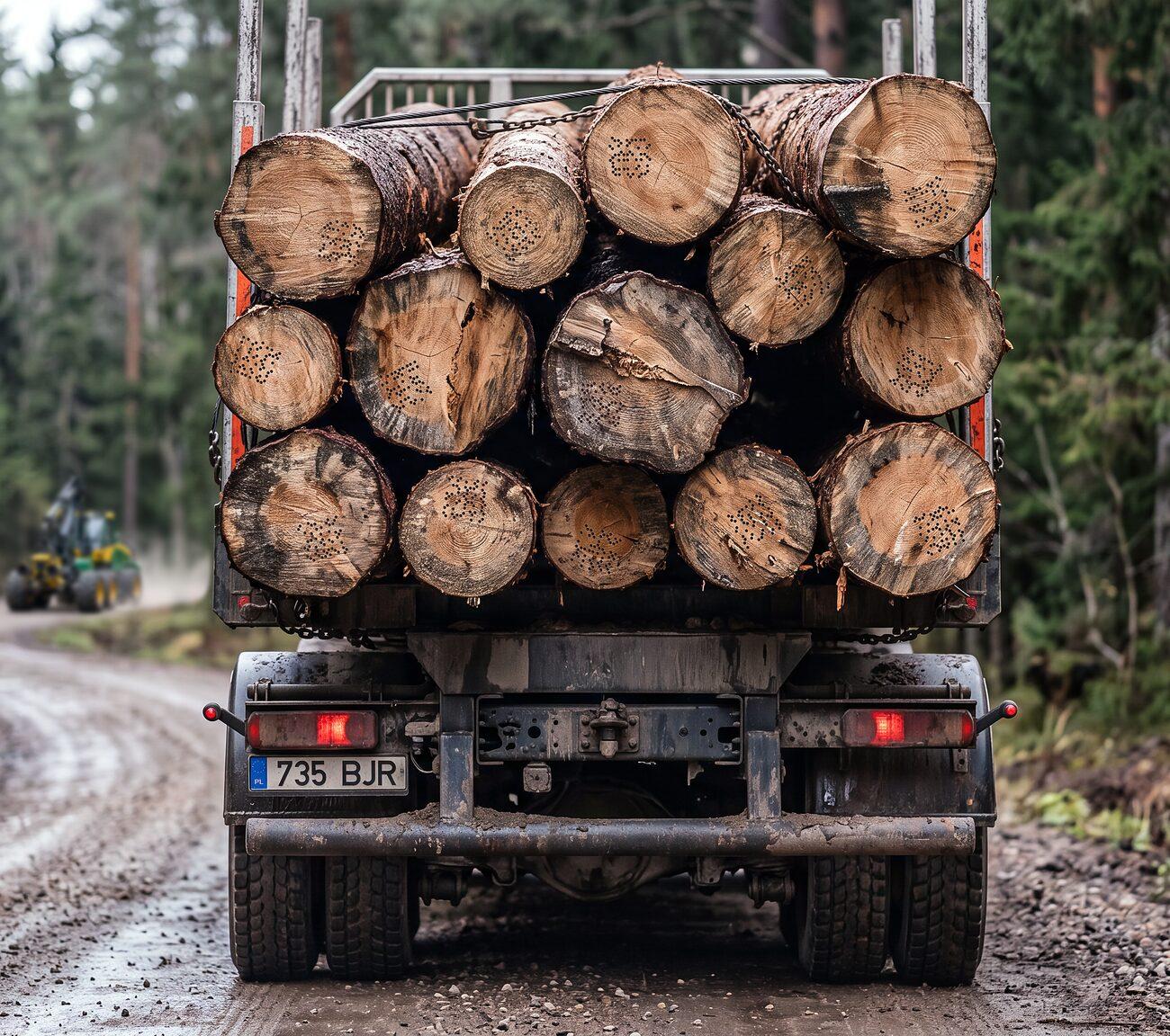 Timber truck loaded with logs, each log carrying a Dcode identity mark on its cross-section