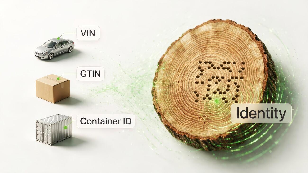 Identity systems compared: a car labelled VIN, a parcel labelled GTIN, a shipping container labelled Container ID, and a marked timber log labelled Digital Identity