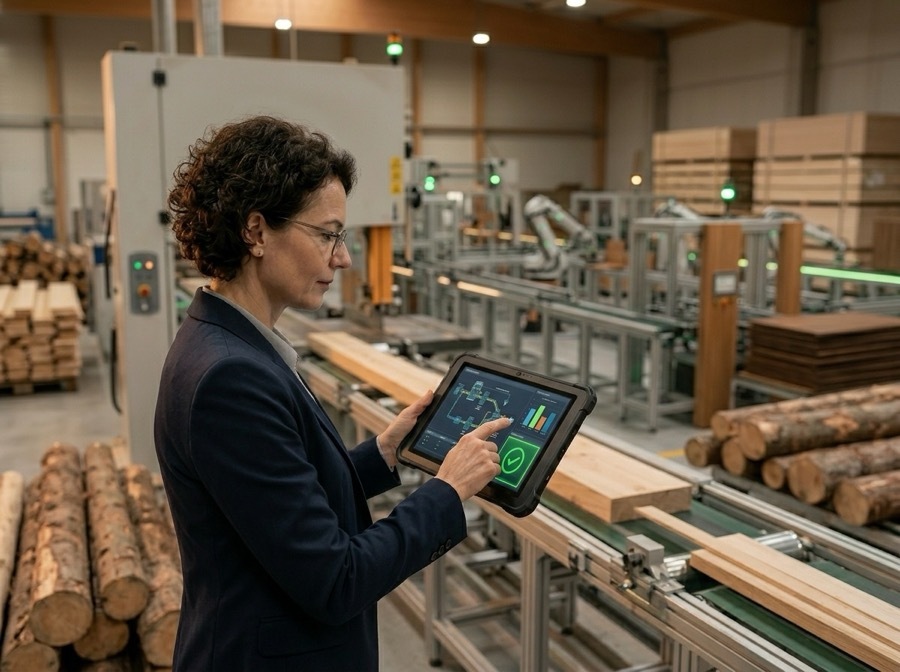 Operations manager reviewing material flow on production control screen