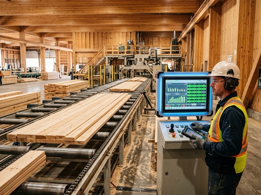 Timber processing facility showing certified lumber on a production line with digital monitoring