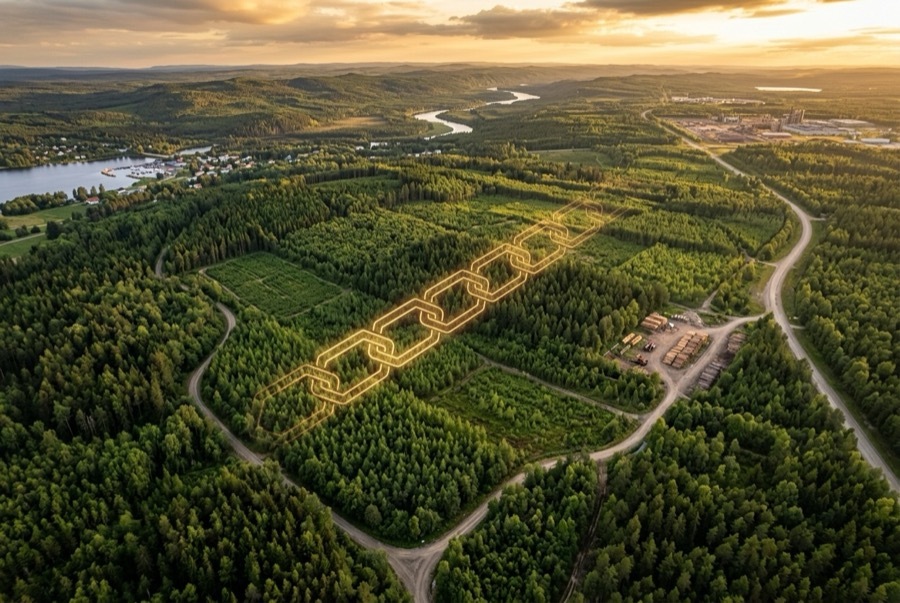 Aerial view of a certified managed forest representing Chain of Custody tracking from origin