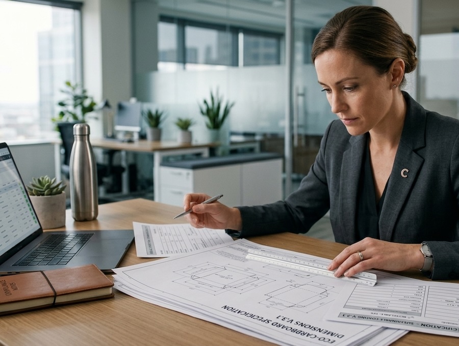 Compliance officer reviewing packaging technical documentation and material specifications